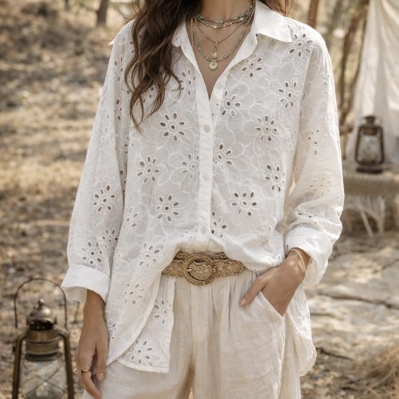 Reese White Lasercut Button Down Shirt