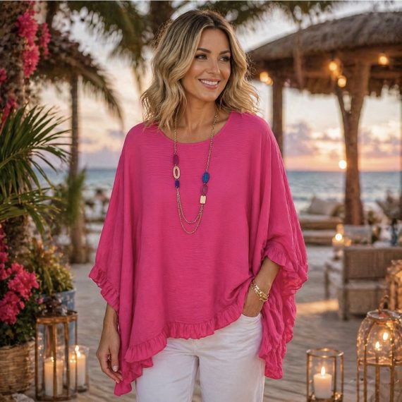 Women's Fuchsia Pink Frill Trim Top