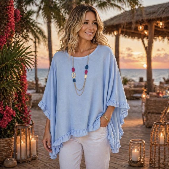 Women's Sky Blue Frill Trim Top
