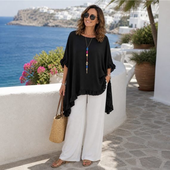 Women's Black Frill Trim Top