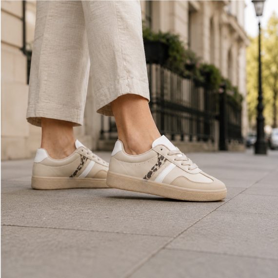 Womens Cream White Leopard Side Stripe Trainers
