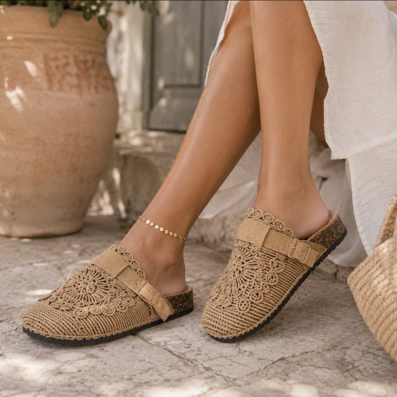 Alanis Camel Crochet Slip On Mules