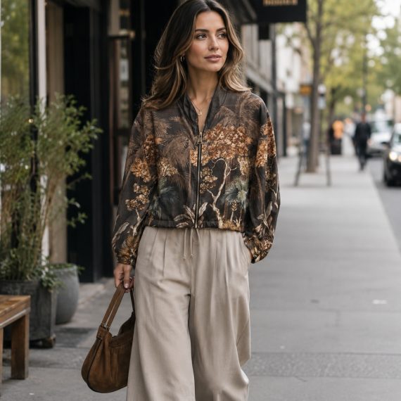 Tropical Print Lightweight Zip Front Bomber Jacket