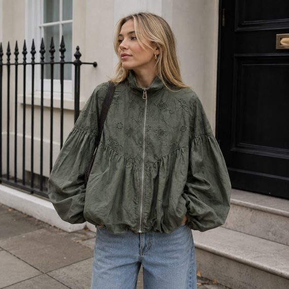 Khaki Green Broderie Anglaise Balloon Sleeve Jacket