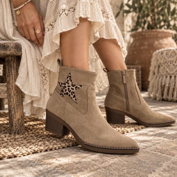 Ella Taupe Leopard Star Western Ankle Boots