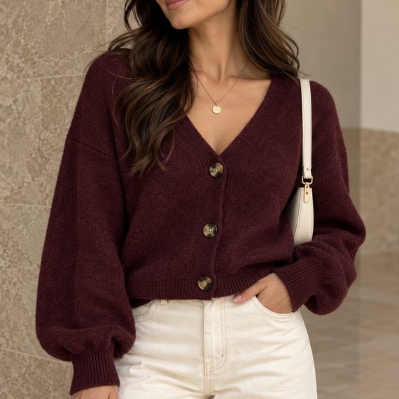 Women's Wine Red Balloon Sleeve Cardigan