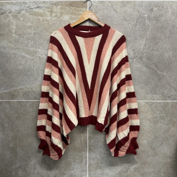 Women's Burgundy Pink Striped Balloon Sleeved Knit Jumper