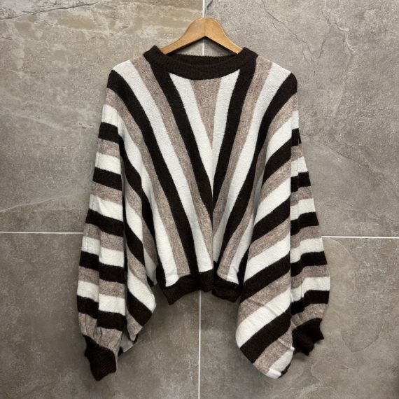 Women's Chocolate Striped Balloon Sleeved Knit Jumper