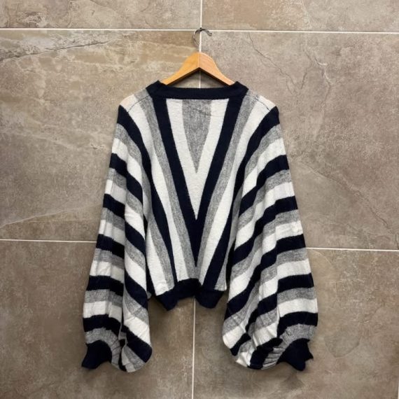 Women's Navy Blue Striped Balloon Sleeved Knit Jumper